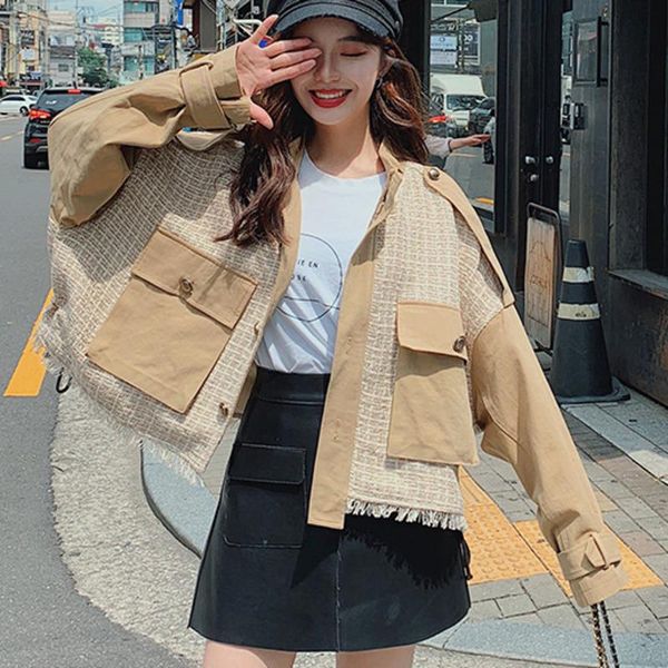 

women's jackets [ewq] 2021 autumn short coats tweed loose stand collar long sleeve patchwork single breasted jacket ladies qb430, Black;brown