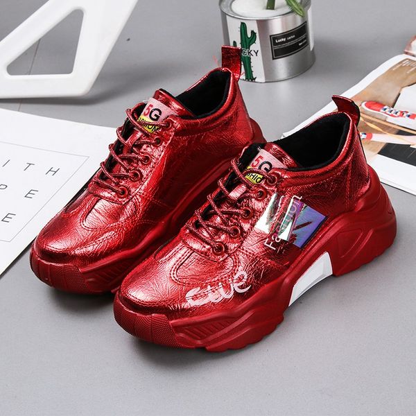 

New Womens Wedges Sneakers Vulcanize Shoes Patent Leather Sneakers Fashion Girls Sport Shoes Woman Sneakers Female Footwear, Red