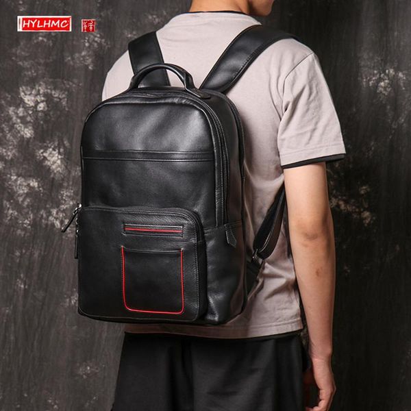 

backpack fashion cowhide leather men's 15 inch lapbag first layer travel backpacks black soft genuine