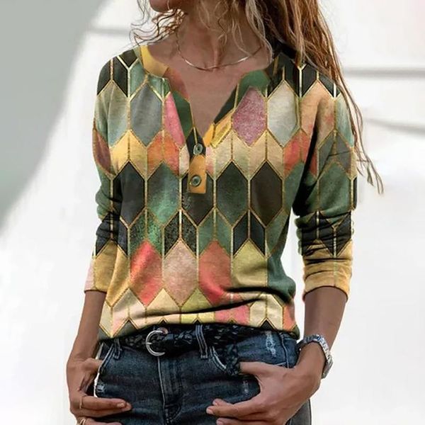 

women's t-shirt summer tie-dye diamond pattern button long sleeve fashion printed shirt women clothes 2021 t femme, White