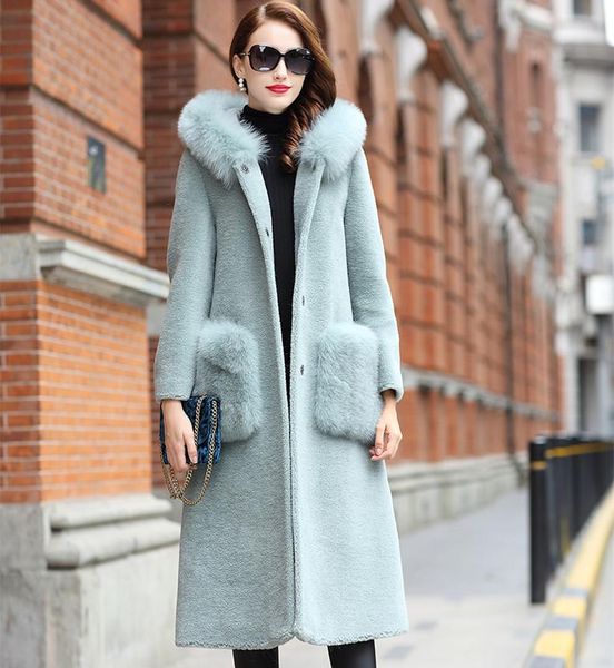 

women's fur & faux women real wool coat sheep shearing coats 2021 fashion winter female jacket natural collar hooded hq18-mc05c, Black