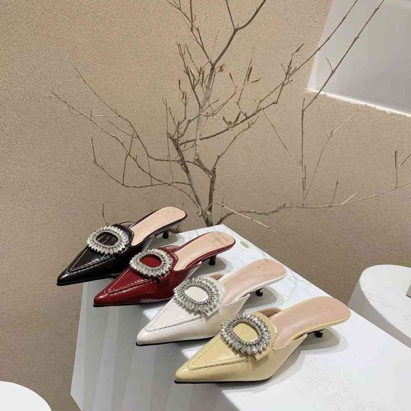 

slippers rhinestone pointed toe women thin low heels wine red/beige/yellow/black crystal slides mules shoes 8z69
