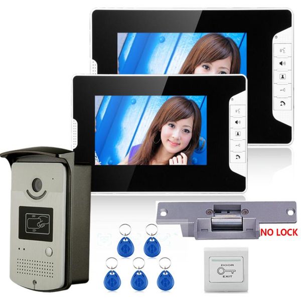 

7" color video door phone intercom system with 2 monitor 1 rfid hd doorbell 1000tvl camera + electric strike lock phones