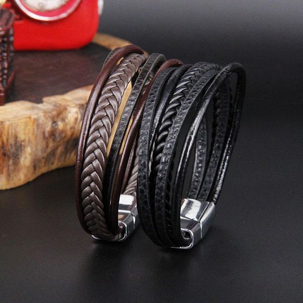 

charm bracelets men leather bracelet design multi-layers handmade braided genuine & bangle for male hand jewelry gift, Golden;silver