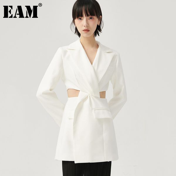 

[eam] women white waist hollow out cross blazer dress lapel long sleeve loose fit fashion spring summer 1dd8388 210512, Black;gray