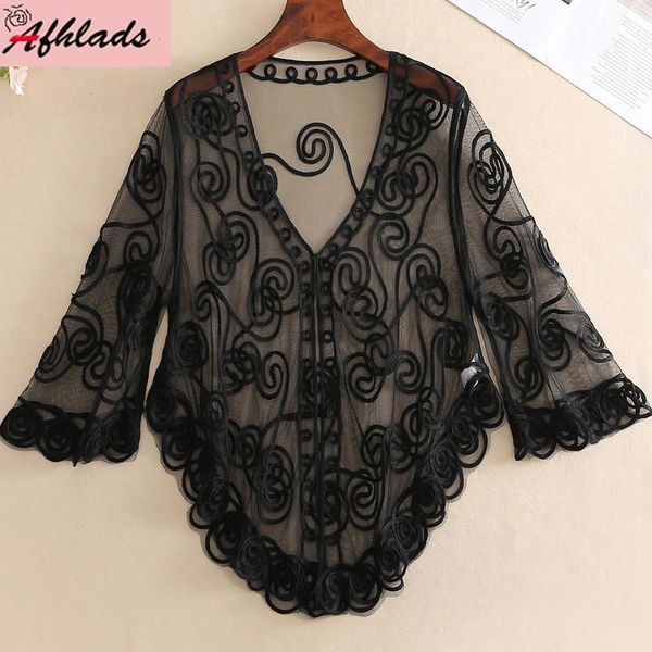 

summer beach holiday mesh patchwork women's fashion jackets coats female half sleeve perspective cardigan outerwear, Black;brown