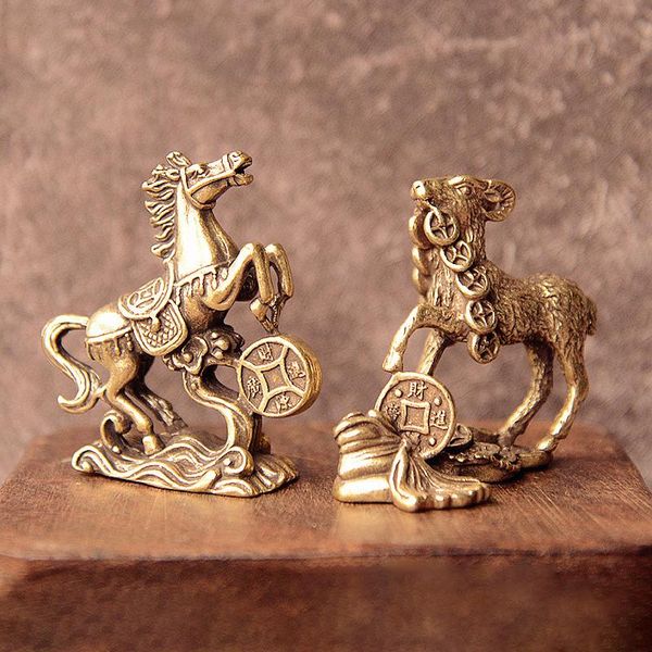 

solid brass lucky coins horse goat small statue tea pets table ornaments vintage copper chinese zodiac animal feng shui decors decorative ob