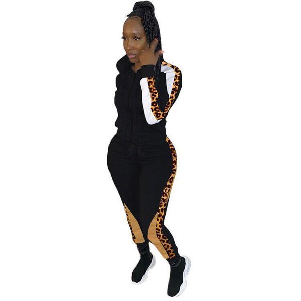 

two piece dress leopard spliced sporty 2 set print women sweatsuit hooded long sleeve zipper coat and bodycon pants plus size, White