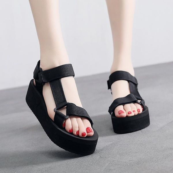 

high-heeled sandals women 2021 fashion casual rome wedge anti-slip platform beach shoes lady outside solid footwaer black