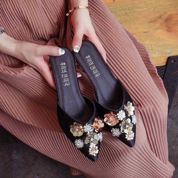 

slippers drop women's slide on slip mules loafer flats shoes rhinestone slides fashion woman flip flops, Black