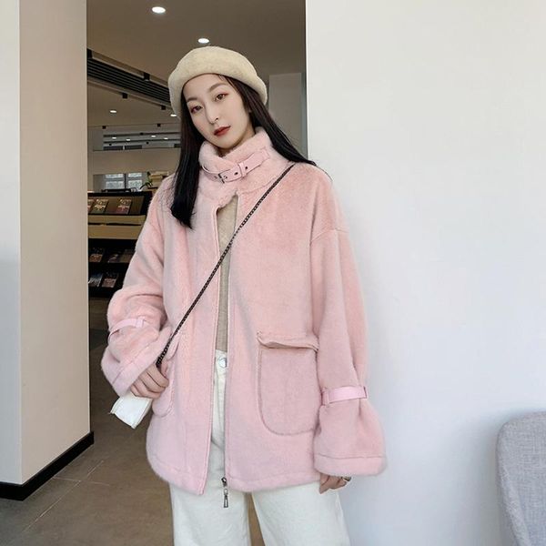 

women's fur & faux winter coat jacket teddy sheepskin women, Black