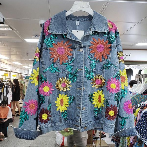 

women's jackets jean jacket women spring and autumn heavy industry sequined small sunflowers loose-fit denim student, Black;brown
