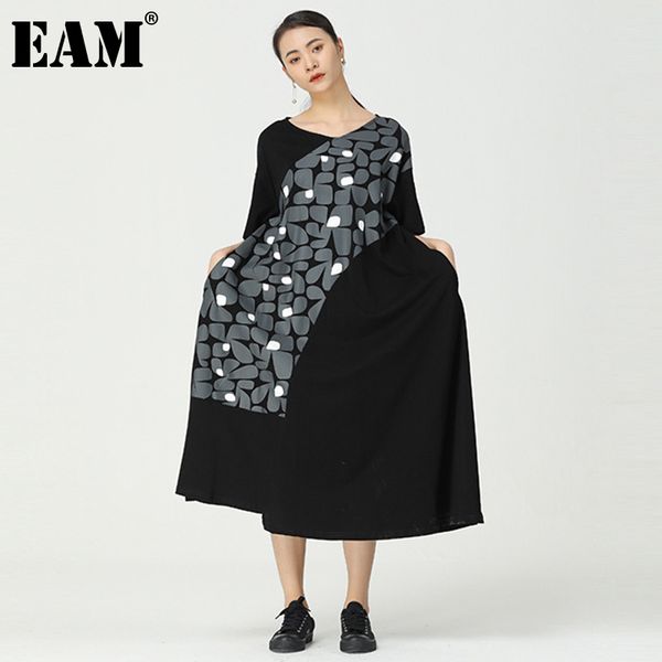 

[eam] women black patchwork floral pattern big size long dress v-neck short sleeve loose fashion summer 1dd6710 210512, Black;gray