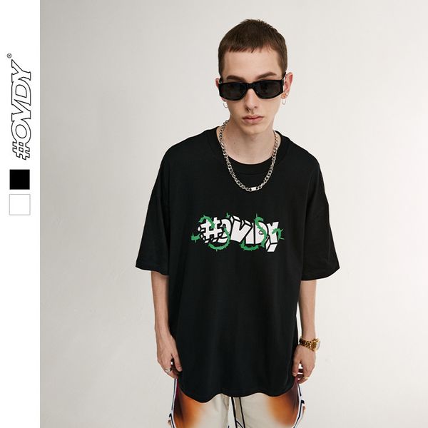 

wxwovdy men's spring summer new street fashion brand vine surround letter printing loose shoulder short sve t-shirt for men, White;black