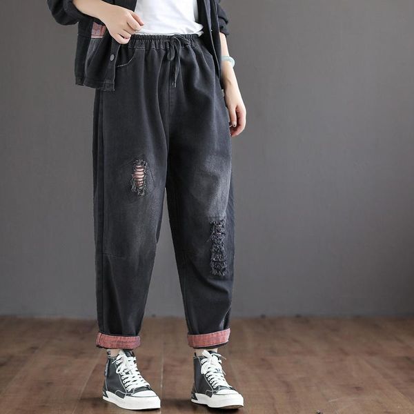 

women's jeans spring autumn japan style black holes pants female denim ripped harajuku loose harem trousers elastic waist retro pantalo, Blue