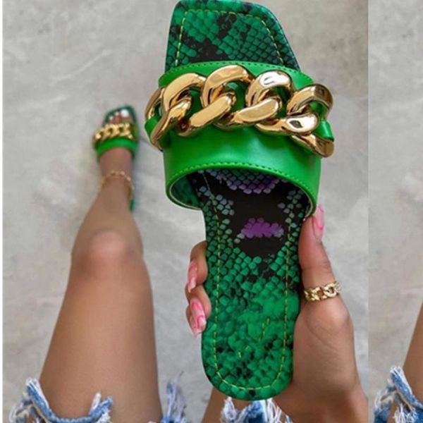 

slippers 2021 summer sandals candy color metal chain square toe shoes women open leather casual comfortable flat, Black
