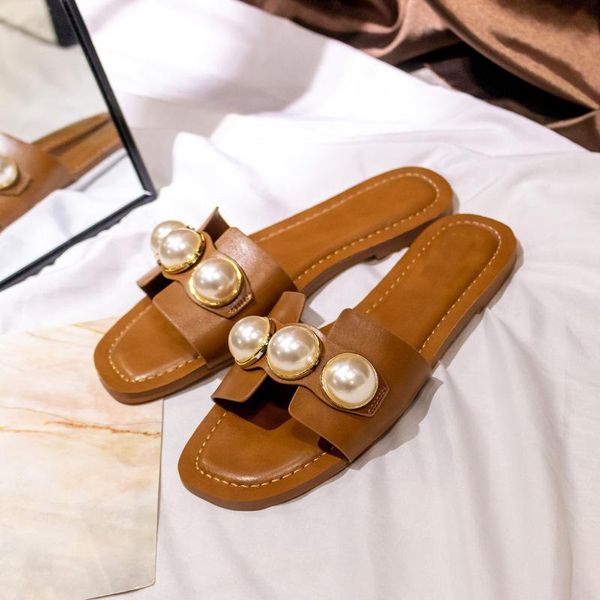 

slippers shoes women pearl summer decoration slides flat elegant, Black