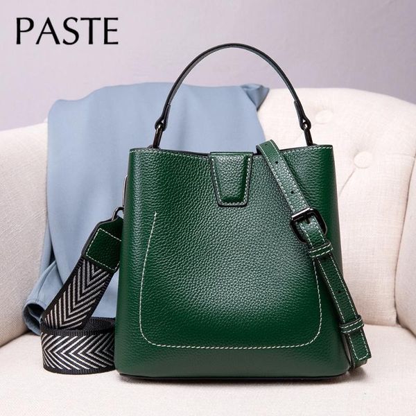 

evening bags all-match bucket bag designer green brown 100% real leather women shoulder wide straps small tote 19cm