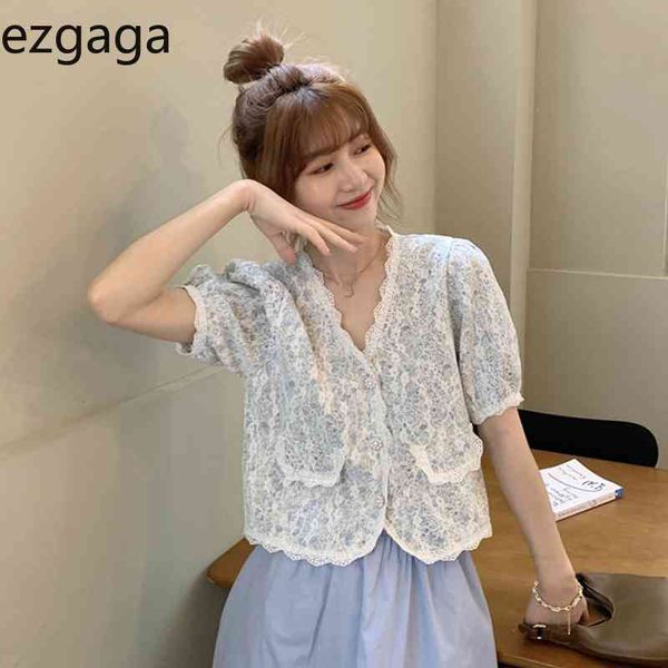 

ezgaga vintage floral v-neck puff short sleeve shirts women summer new loose lace patchwork thin korean fashion chic blouse 210430, White