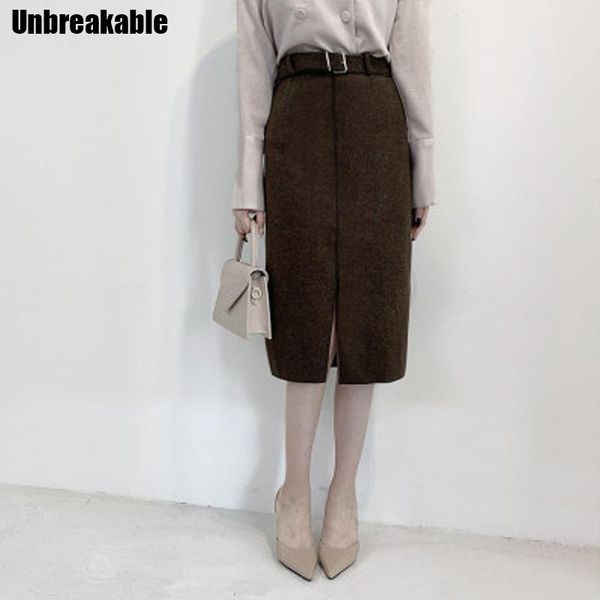 

skirts fashion winter retro wool blend skirt with belt female autumn women split office lady straight mujer 2021, Black