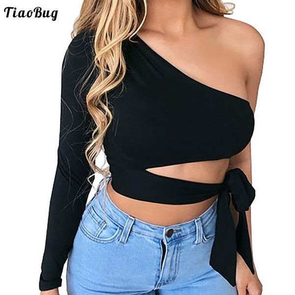 

summer women cotton single shoulder straps crop long sleeve sash tie front hollow out waist workout gym yoga sports t-shirt outfit