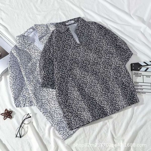 

men's casual shirts shirtsummer men's short small floral half sleeve pullover shirt v-neck korean fashion 5-sleeve ruffian handsom, White;black