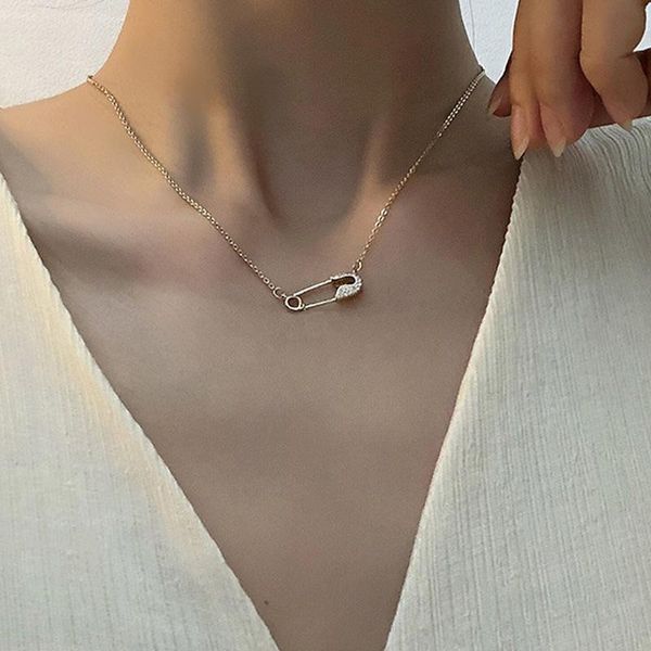 

pendant necklaces fashion pin necklace 2021 paper clip inlaid zircon for women clavicle chains female jewelry collares, Silver