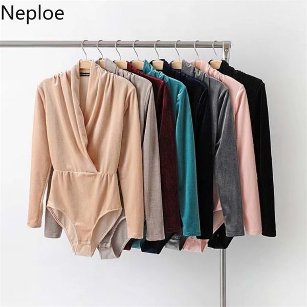 

autumn winter solid velet jumpsuits skinny button design playsuit v neck long sleeve bodysuits wild 48120 210422, Black;white