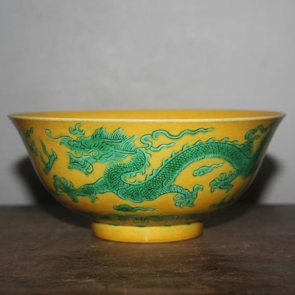 

bowls yellow glaze carving dragon pattern bowl hand carved plain three color antique high-grade porcelain kangxi qing dynasty mark