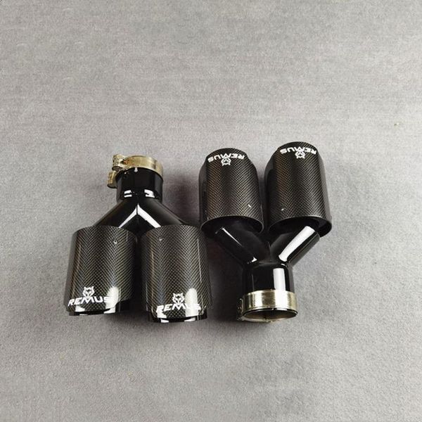 

one pair glossy black carbon fiber remus exhaust pipe car universal stainless steel muffler tip y model dual tailpipe nozzles motorcycle sys