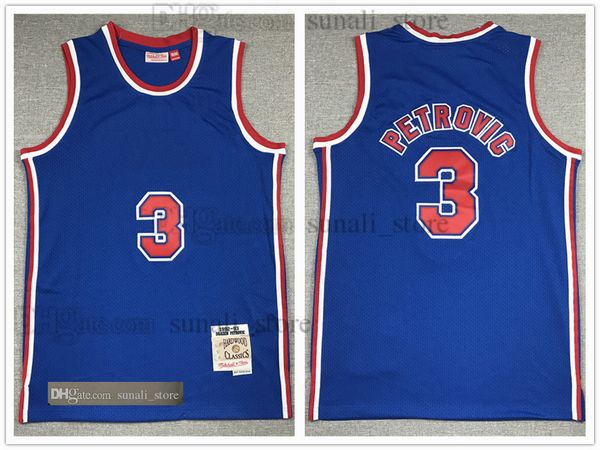 

1992-93 drazen petrovic basketball jersey 3 vintage blue mesh stitched embroidery men sports shirts, Black;red