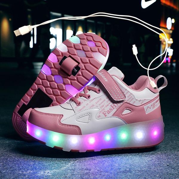 

eur27-43 two sneakers with wheels usb charging glowing led light up 2021 roller skate shoes for boys&girls slippers athletic & outdoor, Black