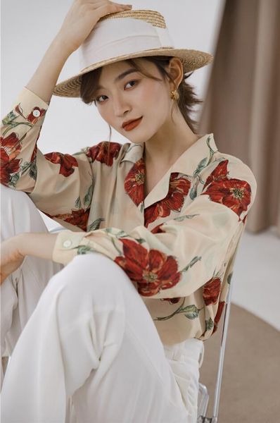 

vintage clothes spring summer new style shirt and floral print full sleeve v neck women blouse, White
