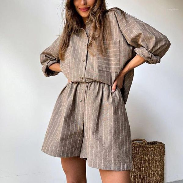 

women's tracksuits katara oversize striped suits women fashion casual long sleeve pockets suit elegant wide leg shorts female ladies, Gray