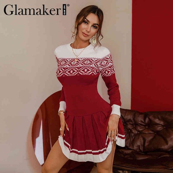 

glamaker red knitted christmas pleated short dress party bodycon basic elegant dress winter autumn chic slim dress 2021new, Black;gray