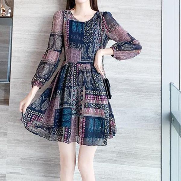 

casual dresses women's spring summer style chiffon dress printed sashes long sleeve slim elegant ss1459, Black;gray