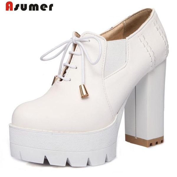 

asumer shoes women pumps platform lace-up college style high heels solid big size 34-43 round toe fashion dress, Black