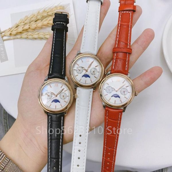 

wristwatches zircon quartz wristwatch sapphire date clock women genuine leather watch crystal moon star calendar dial watches, Slivery;brown