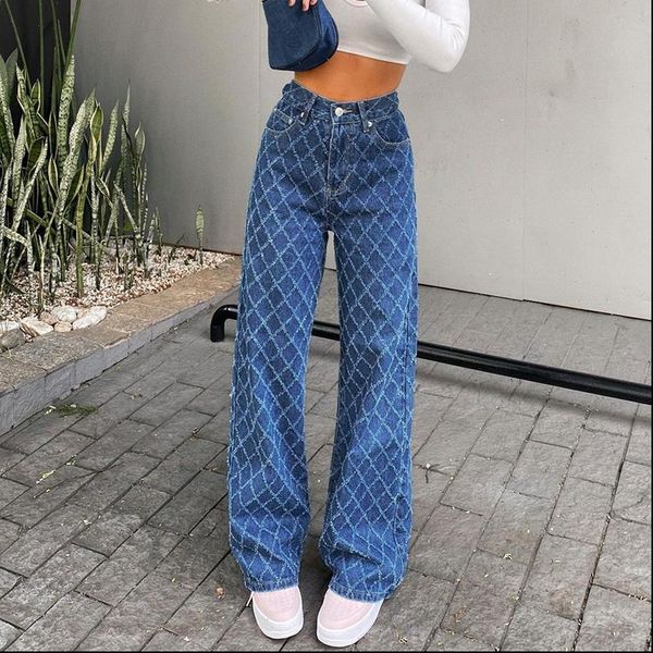 

fashion long denim trousers women jeans 90s vintage argyle high waist straight pants capris froll plaid y2k streetwear clothes, Blue