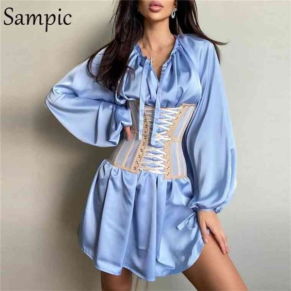

sampic ladies white winter stain long puff sleeve mini club corset dresses for women party 2021 v neck bandage black dress, Black;gray