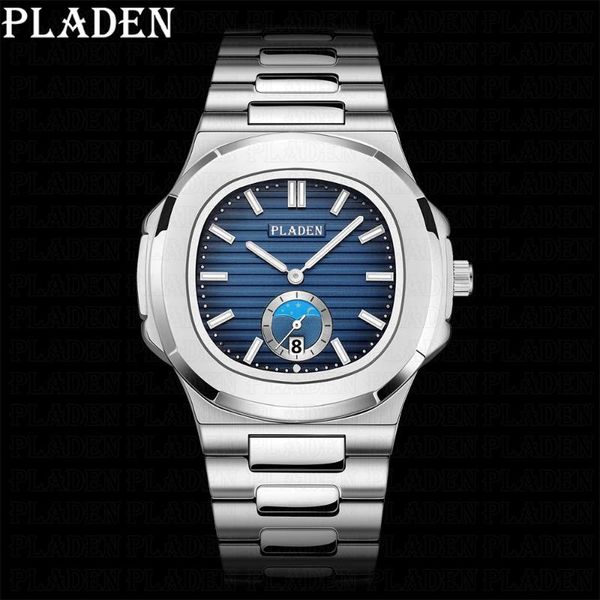 

wristwatches 2021 brand pladen luxury fashion mens watches with stainless steel sports moon phase quartz watch men relogio masculino, Slivery;brown