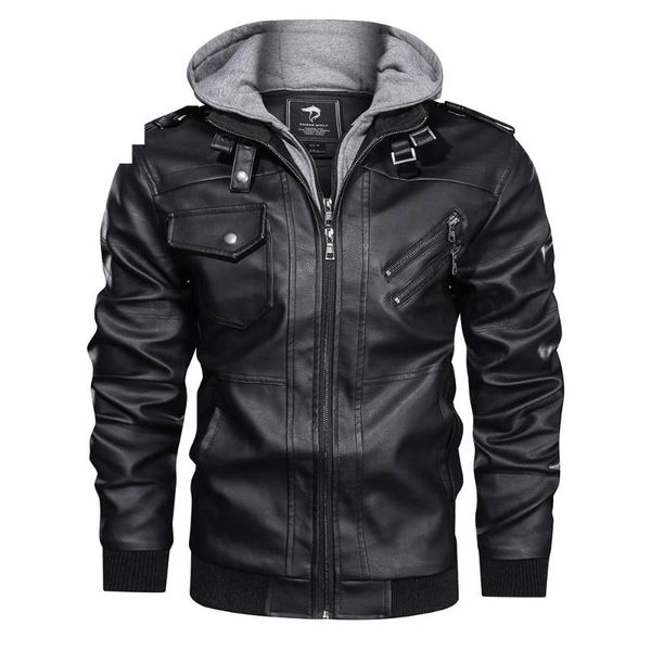 

men's fur & faux men's jacket coat leather pu material removable cap, Black