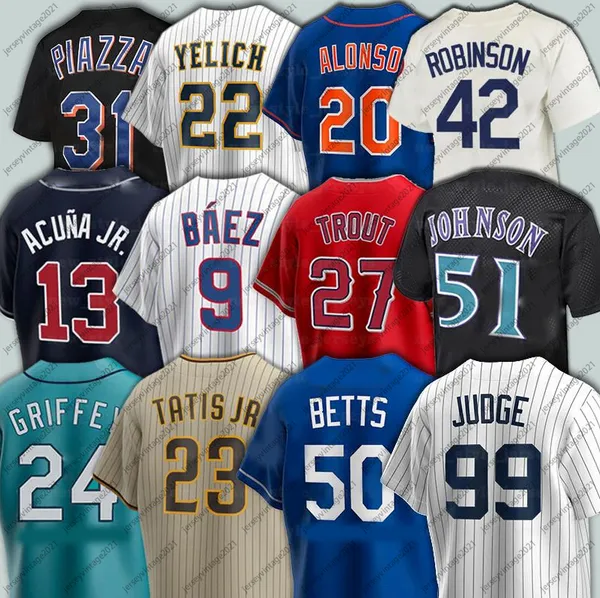

22 clayton kershaw 99 aaron judge baseball jerseys ronald acuna jr. javier baez mike trout 51 randy johnson mike piazza 27 vladimir guerrero, Blue;black