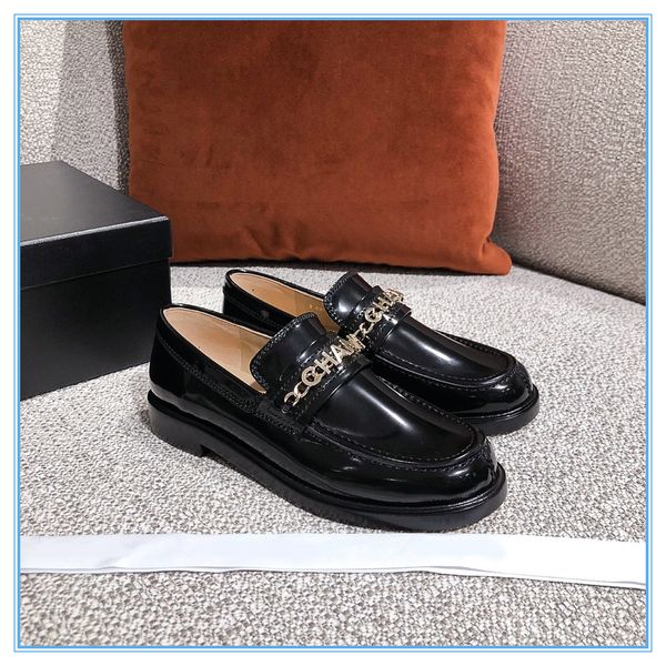 

2021 selling high-end women shoes fashion trend metal chain decoration wide flat delicate shoes real leaether lady dress slip-on, Black