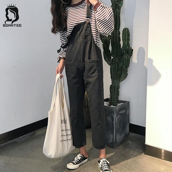

gym clothing women black jumpsuits denim womens loose overalls pockets rompers casual female korean style students fashion females jumpsuit, White;black