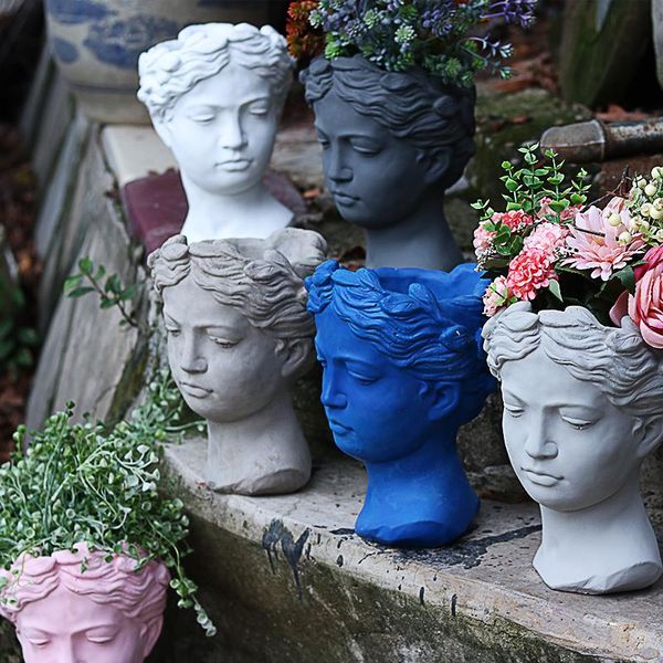 

vases home yard planter creative portrait retro head gypsum cement vase ornament flower pot greek goddess statue craft decoration art