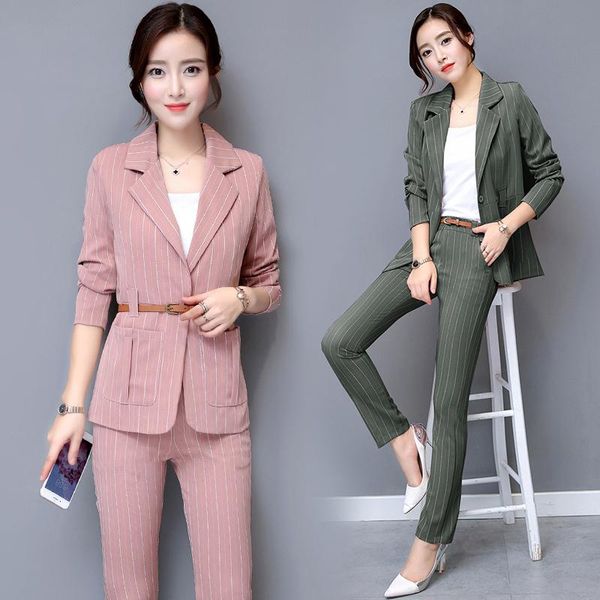 

women's suits & blazers 2021 fall fashion women office ol stripe jacket set small fragrant wind blazer pants suit feminino slim work 2, White;black