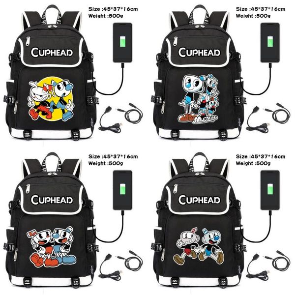 

backpack game cuphead mugman canvas teenagers zipper schoolbag boys girls usb charging travel lapbag cartoon packsack