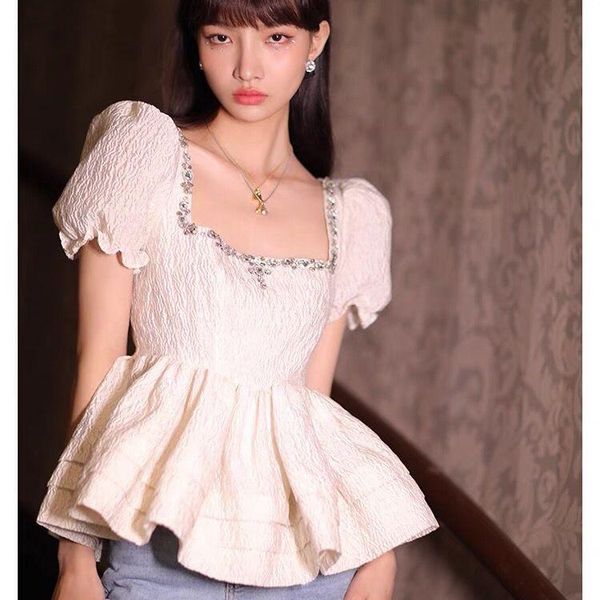 

women's t-shirt court style retro square neck bubble sleeve summer waist shaggy super fairy heavy industry beaded diamond, White