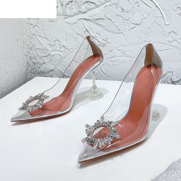 

sandals runway transparent pvc pumps women pointed toe shallow mouth sunflower rhinestone clear cup high heel shoes party oe3, Black